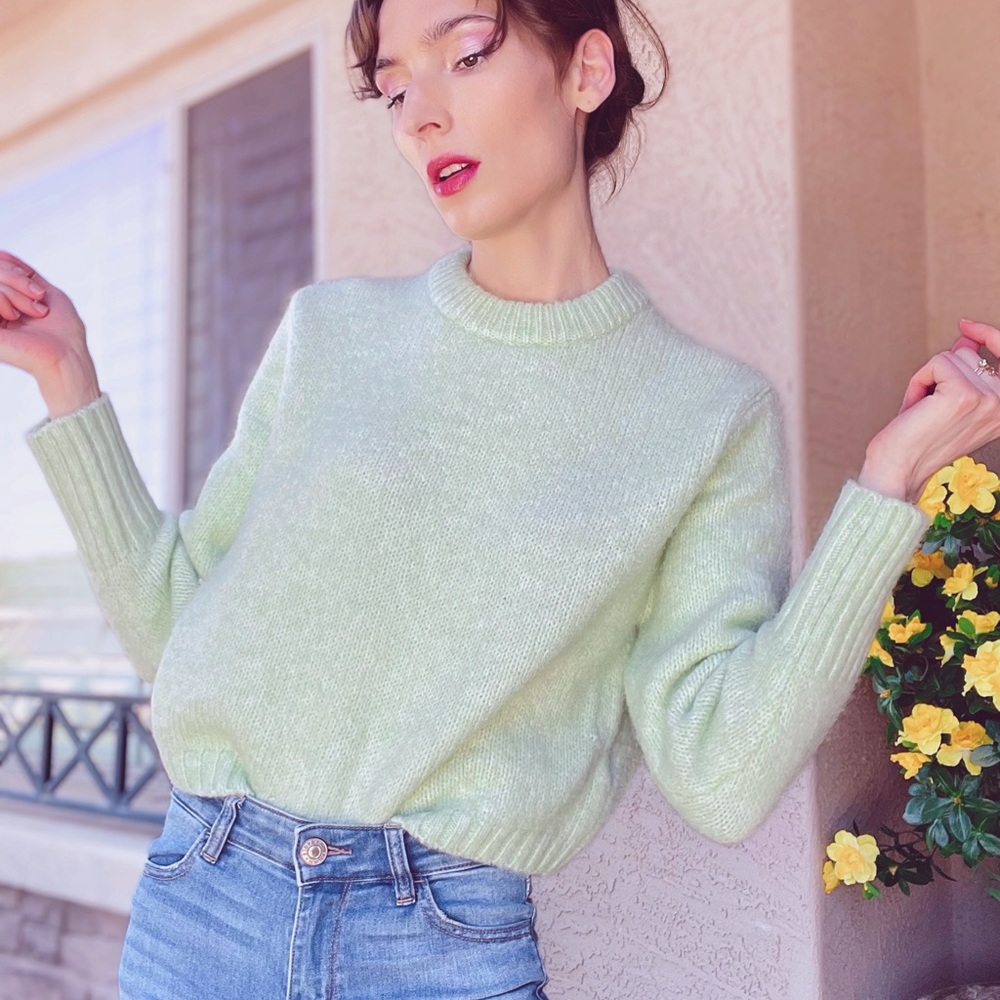 ZARA NWT Semi-Cropped Pastel Pistachio Green Soft Alpaca Wool Blend Sweater Sz L